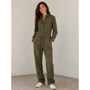 Boden Olive Green Utility Jumpsuit Red Trim Cotton Coverall Womens US 12T